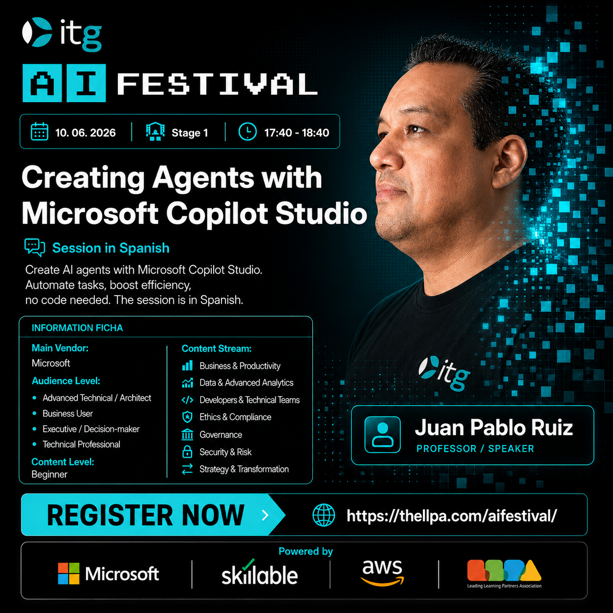 ITG AI Festival flyer: Creating Agents with Microsoft Copilot Studio, June 10 2026.